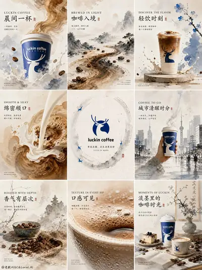 9-grid ink-wash coffee brand campaign board for Luckin Coffee
