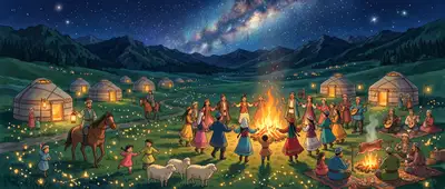 Ghibli-style night scene of a Xinjiang grassland bonfire gathering