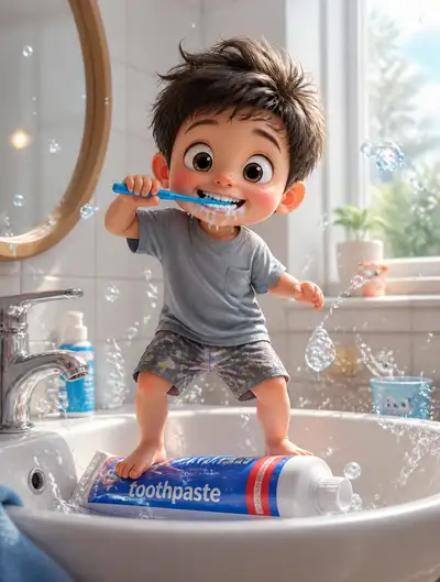 Pixar-Style Toddler Brushing Teeth on Toothpaste Tube