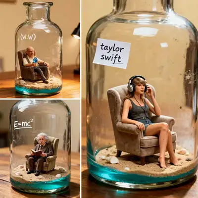 Winziges 3D-Figuren-Diorama in einer Glasflasche