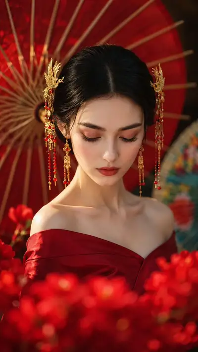 Portrait de princesse chinoise avec ombrelles rouges et ornements dorés