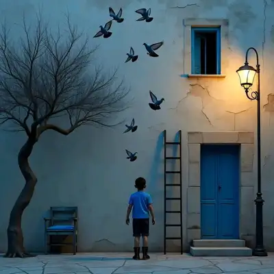 Criança surrealista minimalista soltando pombas azuis