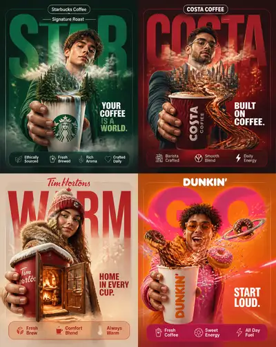 Surreal coffee-brand ad concepts, Starbucks Costa Dunkin prompt