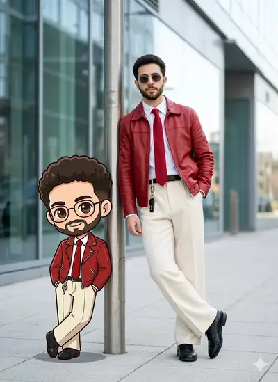Streetstyle-Porträt neben einem Chibi-Cartoon-Zwilling