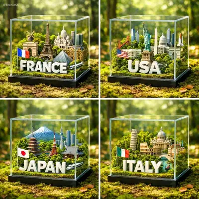 Diorama en cubo de vidrio con monumentos de un país en un bosque