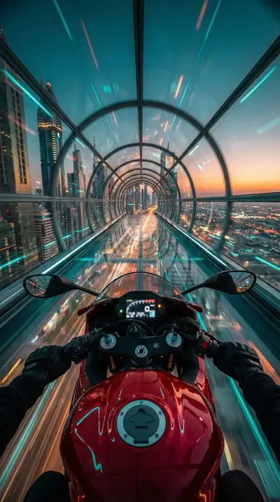 POV cyberpunk motorcycle ride through a glass hyperloop