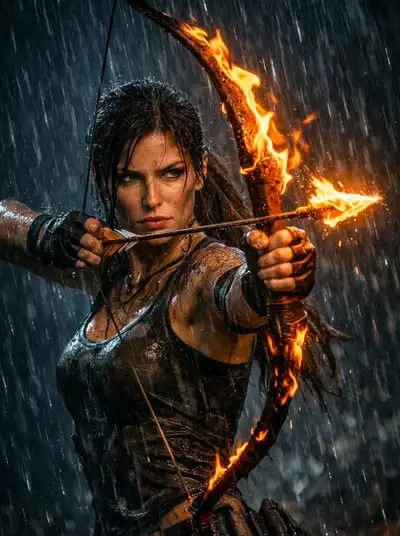Lara Croft bajo la lluvia con un arco ardiente