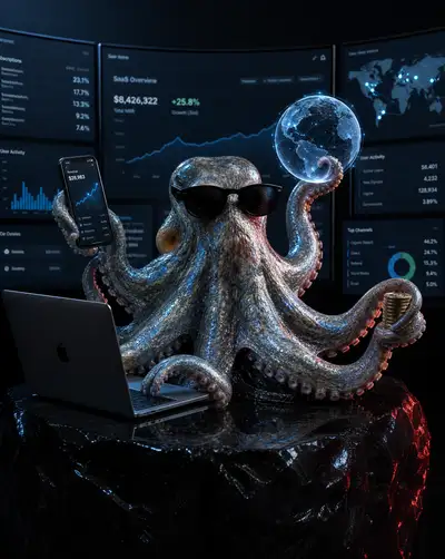 Multitasking octopus executive SaaS advertising concept