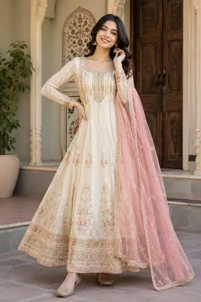 Retrato de moda tradicional con vestido Anarkali frente a una mansión