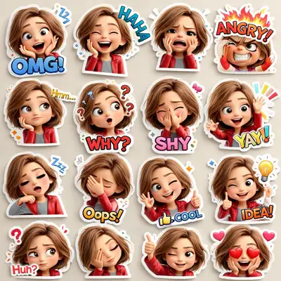 かわいい3D漫画の女の子ステッカーパック、16の絵文字リアクション付き