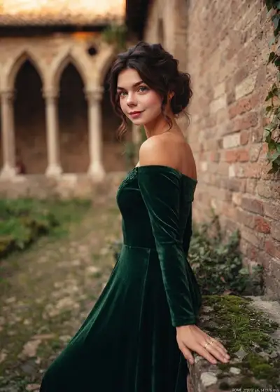 Retrato atemporal com vestido de veludo em um cenário de pedra histórico