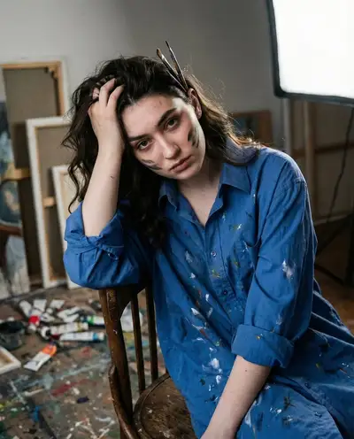 Raw portrait of creative burnout in a paint-splattered art studio