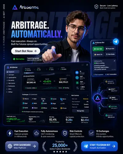 ArbSense fintech arbitrage bot ad with dashboard mockup
