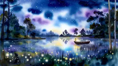 Aquarell-Waldsee, leuchtend unter einem Sternenhimmel