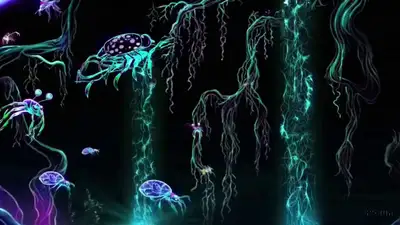 Dark Neon Rainforest with Fantastical Fauna