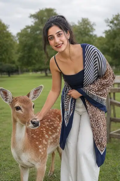 Hyper realistic portrait of a woman petting a fallow deer