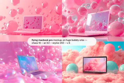 Flying MacBook Pro Mockup with Bubbly Orbs