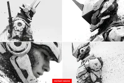 Mecha Samurai Black and White Cinematic Prompt