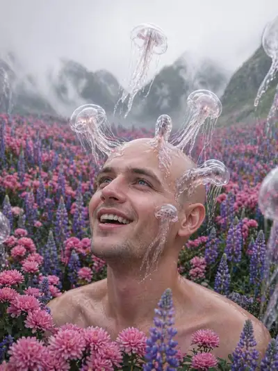 Surreal Jellyfish Portrait in Flower Field