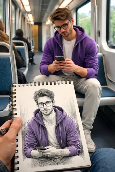 Retrato en primera persona en el subte con acento morado estilo boceto