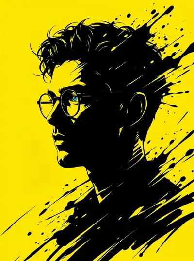 Minimalist Black Silhouette Portrait with Yellow Splashes