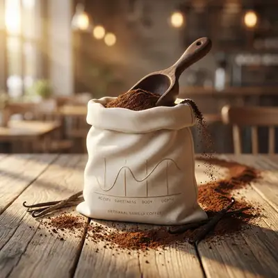 Artisanal vanilla coffee pouch product photography with warm light