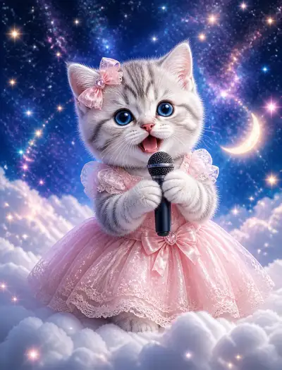 Dreamy Singing Kitten on Cloud