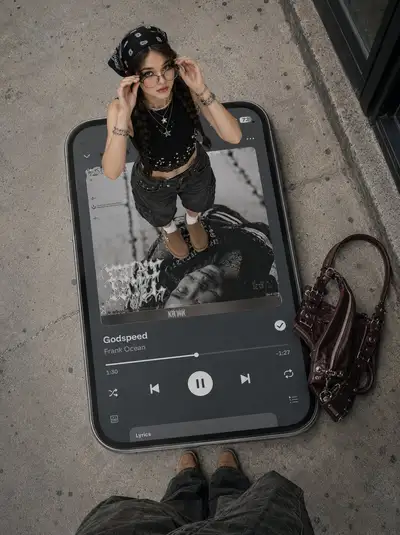 Frau in forcierter Perspektive auf einer riesigen Smartphone-Player-Oberfläche