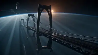 Kampfjet entkommt einer einstürzenden Weltraumbrücke