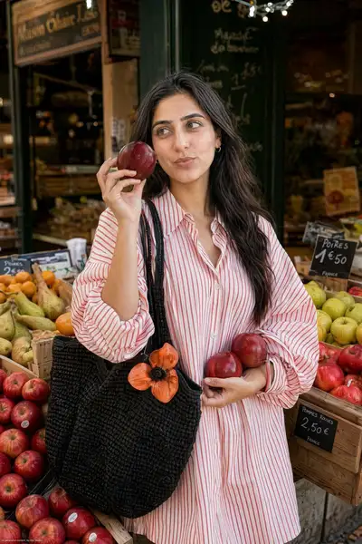 Photo street style d'un marché aux fruits européen, Nano Banana Pro
