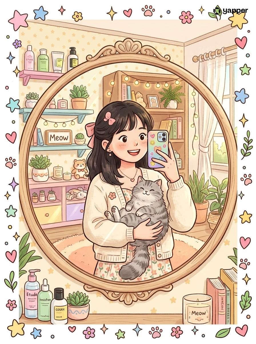 Cute girl holding cat cartoon illustration prompt