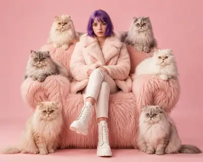 Pastel Pink Editorial Portrait with Six Persian Cats