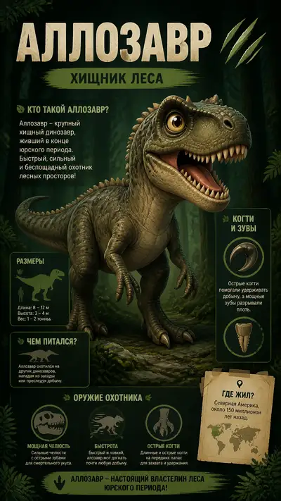 Cute Pixar style allosaurus forest hunter infographic