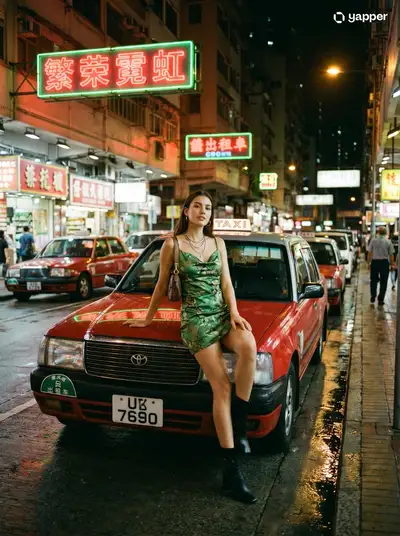 Cinematic Neon Street Portrait of Woman on Taxi