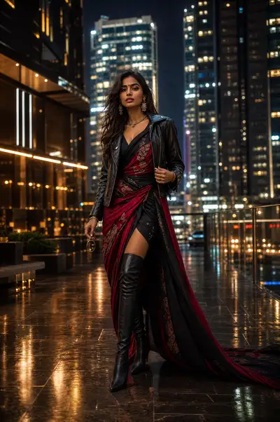 Urban night fashion editorial with saree and leather jacket