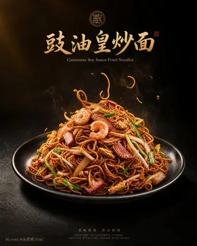 Prompt d'affiche de restaurant de nouilles cantonaises à la sauce soja