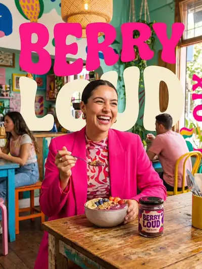 Berry Loud acai bowl cafe advertisement prompt