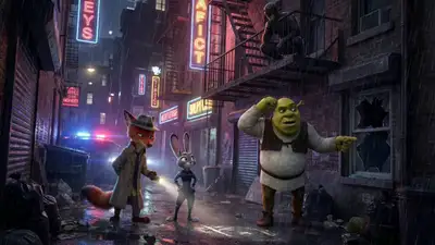 Mashup noir de cena de crime com Zootopia, Shrek e Demolidor