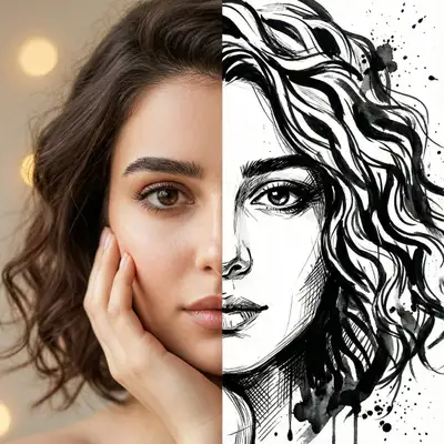 Split-Face Realism to Ink Illustration Portrait