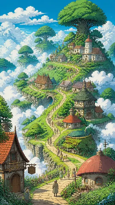 Ghibli Cloudtop Village Illustration Prompt