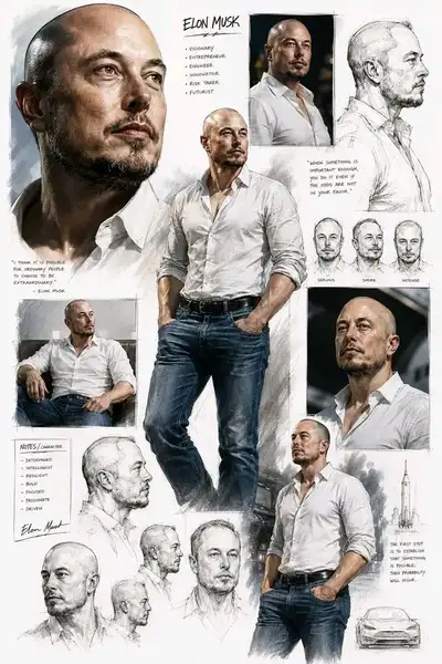 Hoja de personaje de arte conceptual de emprendedor visionario
