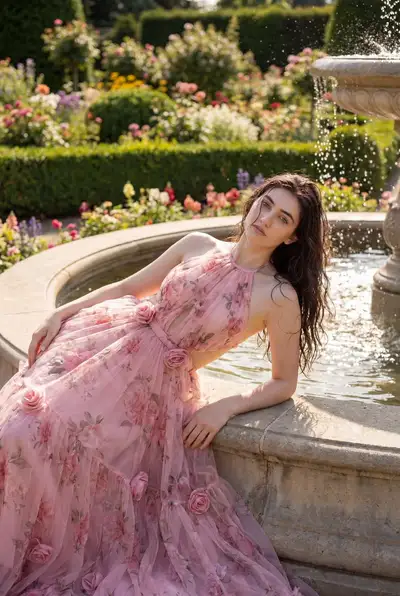 Luxury Garden Fountain Editorial Photo Prompt