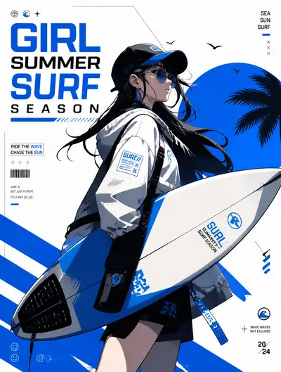 Girl summer surf season streetwear poster