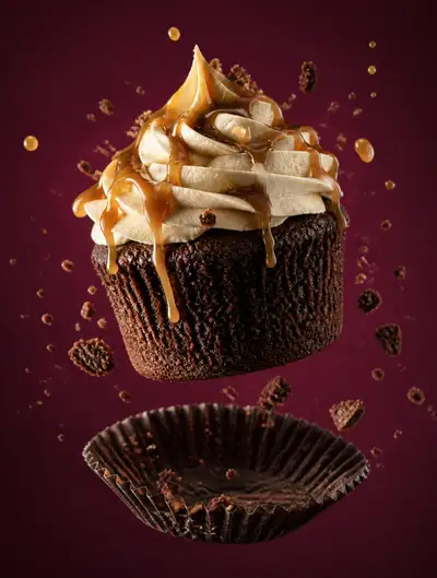 Airborne chocolate cupcake caramel drizzle photo