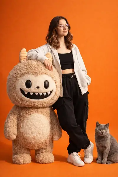 Gen-Z Streetwear Studio Shot with Labubu and Cat