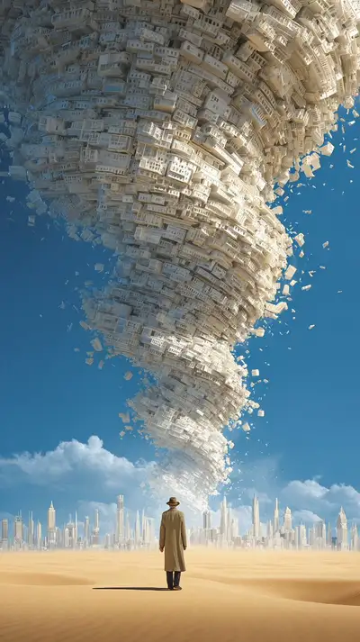 Cinematic Tornado of Houses Over Desert