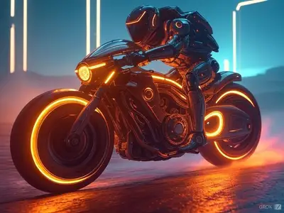 Cinematic Futuristic Exosuit Motorcycle Speed Scene