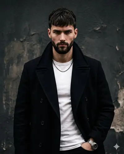 Moody monochrome studio portrait of a bearded man