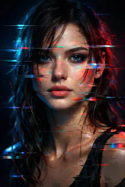 Cyberpunk-Glitch-Portrat mit Neon-Konturlicht