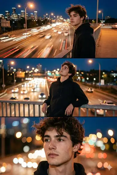 Cinematic triptych portrait on a night city bridge